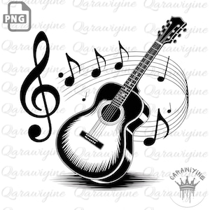 May include: Black and white illustration of an acoustic guitar with musical notes and a treble clef. The guitar is angled, with strings and a sound hole visible. Musical notes swirl around the guitar, suggesting a musical theme.