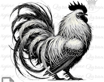 Majestic Rooster Portrait: Black and White Watercolor PNG (Digital Download)