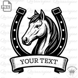 May include: A black and white graphic featuring a horse head inside a horseshoe. The horse is detailed with flowing mane and a focused gaze. A banner at the bottom reads "YOUR TEXT". The design is suitable for equestrian-themed products.