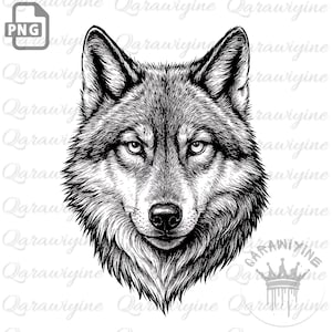 Puede incluir: Ilustración detallada en blanco y negro de la cabeza de un lobo. La obra de arte presenta un intrincado trabajo de líneas, que captura la textura del pelaje y la intensidad de la mirada del lobo. La imagen es un archivo PNG.