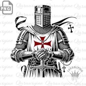 Könnte beinhalten: Eine Schwarzweißillustration eines Ritters in Rüstung mit einem roten Kreuz auf der Brust. Er hält ein Schwert und hat eine Kette mit einem Kreuz um den Hals.