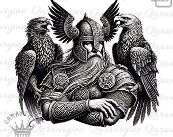 Odin Portrait PNG: Viking Art with Eagles (Digital Download)
