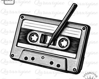 May include: Black and white illustration of a cassette tape with a pen. The cassette tape is a vintage design, with detailed lines and shading. The pen is positioned as if it is rewinding the tape. The image has a retro feel.
