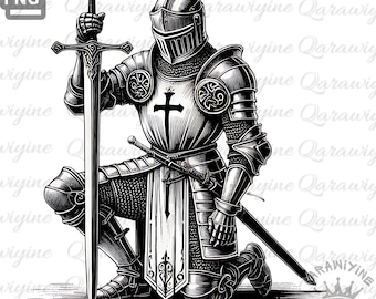 Kneeling Knight Illustration: Crusader Warrior PNG (Digital Download)