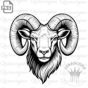 Può includere: Illustrazione dettagliata in bianco e nero della testa di un ariete, con grandi corna ricurve. L'opera presenta un'intricata linea di lavoro, che enfatizza i lineamenti del viso e la pelliccia dell'animale. Formato PNG.