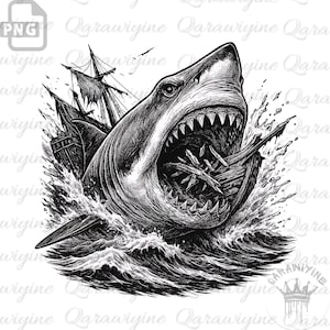 Shark Artwork PNG – Predatory Shark Clipart with Ship Attack, Oceanic Sea Life Illustration, Marine Wildlife Art