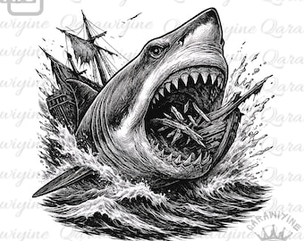 Shark Artwork PNG – Predatory Shark Clipart with Ship Attack, Oceanic Sea Life Illustration, Marine Wildlife Art