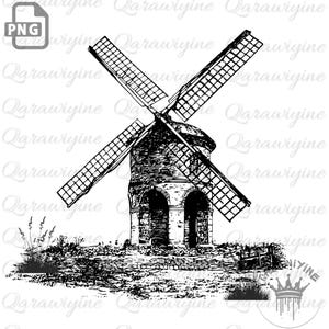 Op de afbeelding: Zwart-wit illustratie van een windmolen met vier wieken. De windmolen heeft een stenen basis en een afgeronde top. De afbeelding bevat gras en een hek op de voorgrond.
