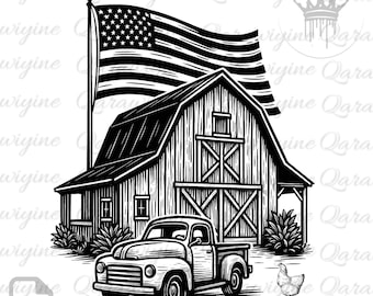 Rustic Barn Clipart PNG: Farmhouse Truck, Chicken, and Flag (Digital Download)