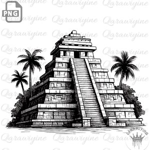 May include: A detailed black and white illustration of a Mayan pyramid, featuring a central staircase and surrounded by palm trees and vegetation. The artwork showcases the architectural details of the ancient structure.