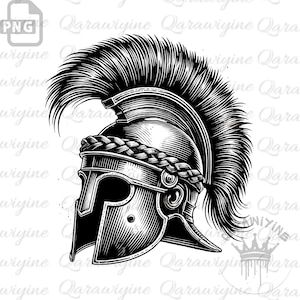 May include: Black and white illustration of a Spartan helmet. The helmet features a detailed design with a prominent crest, a braided band, and cheek guards. The artwork is a detailed engraving style.