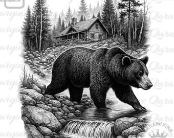 May include: A black bear walks through a stream in a forest setting. The bear is walking towards a small cabin in the background. The stream has a small waterfall.