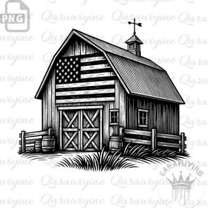 May include: Black and white illustration of a barn with an American flag on the side. The barn has a weathervane on top and a wooden fence in front.