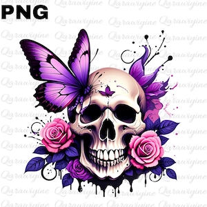 Floral Skull PNG with Roses and Butterfly Design