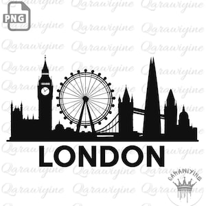 Puede incluir: Silueta negra del horizonte de Londres, con el Big Ben, el London Eye, el Tower Bridge y otros edificios emblemáticos. La palabra "LONDON" se muestra en negrita y mayúsculas.