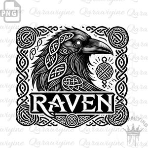 May include: Black and white illustration of a raven with Celtic knotwork design. The word "RAVEN" is written below the raven.