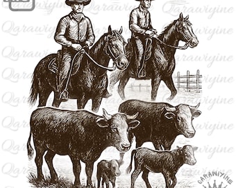 Western Cattle Drive PNG: Cowboy Ranch Art (Digital Download