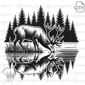 Puede incluir: Ilustración en blanco y negro de un ciervo bebiendo de un lago, con una silueta de bosque en el fondo. El reflejo del ciervo es visible en el agua. La imagen tiene un estilo vintage, de grabado en madera.
