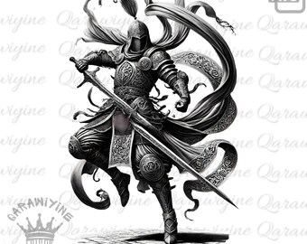 May include: Monochrome illustration of a knight in ornate armour, wielding a sword. The knight is depicted in a dynamic stance, with flowing fabric and detailed armour. The image has a medieval theme.