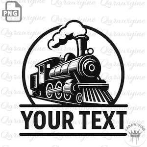 Puede incluir: Ilustración en blanco y negro de una locomotora de vapor dentro de un círculo, con el texto "YOUR TEXT" debajo. La locomotora está detallada con ruedas, una chimenea y un faro. Adecuado para varios proyectos.
