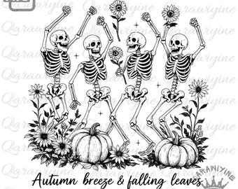 Grappig herfstskelet PNG: retro Halloween-shirtontwerp (digitale download)
