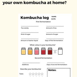 May include: A kombucha log with sections for recording tea variety, sugar, and fermentation details. Includes a colour guide for kombucha and sections to describe taste, tartness, sweetness, and fizz. The text "Are you ready to start brewing your own kombucha at home?" is at the top.