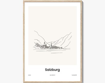 Salzburg One Line Drawn Print, Salzburg Wall Art, Salzburg Wall Decor, Salzburg Travel Poster, City Map