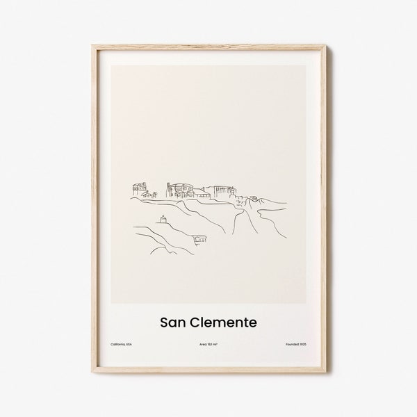 San Clemente Print, San Clemente Art, San Clemente Wall Decor, San Clemente Travel Poster, City Map, One Line Draw