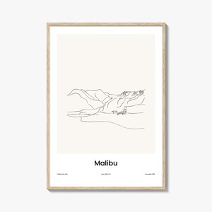 Art mural dessin en un trait Malibu, affiche de voyage de Malibu et impression de plan de la ville, décoration d'intérieur Malibu minimaliste, décoration murale côtière