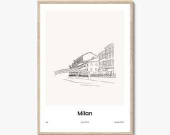 Milan One Line Drawn Print, Milan Wall Art, Milan Wall Decor, Milan Travel Poster, City Map