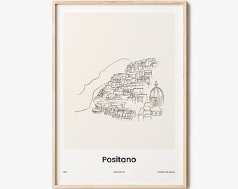 Positano Line Art Poster Print, Positano Wall Art, Positano Wall Decor, Positano Travel, City Map, Fine Line Print, One Line Draw