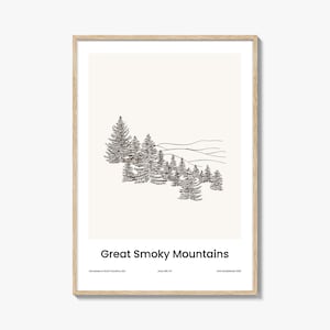 Impresión artística de una línea del Parque Nacional de las Grandes Montañas Humeantes, decoración de pared minimalista, póster de viaje y mapa de la ciudad, regalo natural moderno