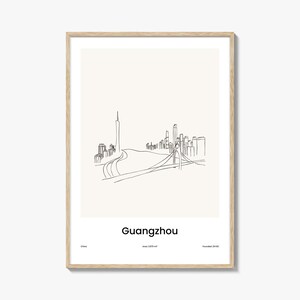 Impression de dessin au trait Guangzhou - art mural minimaliste de la ville, affiche de voyage et carte, décoration d'intérieur moderne