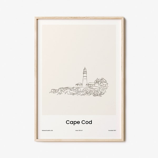 Cape Cod Print, Cape Cod Wall Art, Cape Cod Wall Decor, Cape Cod Travel Poster, City Map, One Line Draw