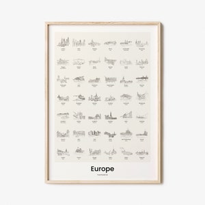 Europe Travel Bucket List Print, Europe Scratch Off Map, Fine Line, One Line Draw, Couples Travel Gift, Travel Planner Poster, Travel Gift