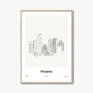 Impresión de arte mural con una línea de Fénix: póster minimalista de viaje y mapa de la ciudad de Fénix.