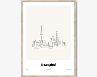 Shanghai One Line Drawn Print, Shanghai Art, Shanghai Skyline Wall Decor, Travel Poster, City Map