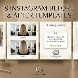 Könnte beinhalten: Ein Set aus 8 Instagram-Vorlagen für Friseursalons mit dem Text 8 INSTAGRAM BEFORE & AFTER TEMPLATES. Die Designs enthalten Vorher-Nachher-Fotos von Haaren, einen Bereich für Bewertungen und eine Behandlungsübersicht mit Servicedetails.