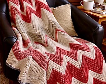 Cozy Crochet Blanket | Acrylic Throw | Pink Cream Chevron | Sofa and Bed Throw W86 L150cm