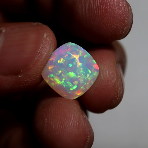 12 MM Square Cushion AAAA Natural Ethiopian Opal Rare Flashy Fire Gemstone, 5 Cts Red Green Yellow Blue Multi Color Play Real Faceted Opal