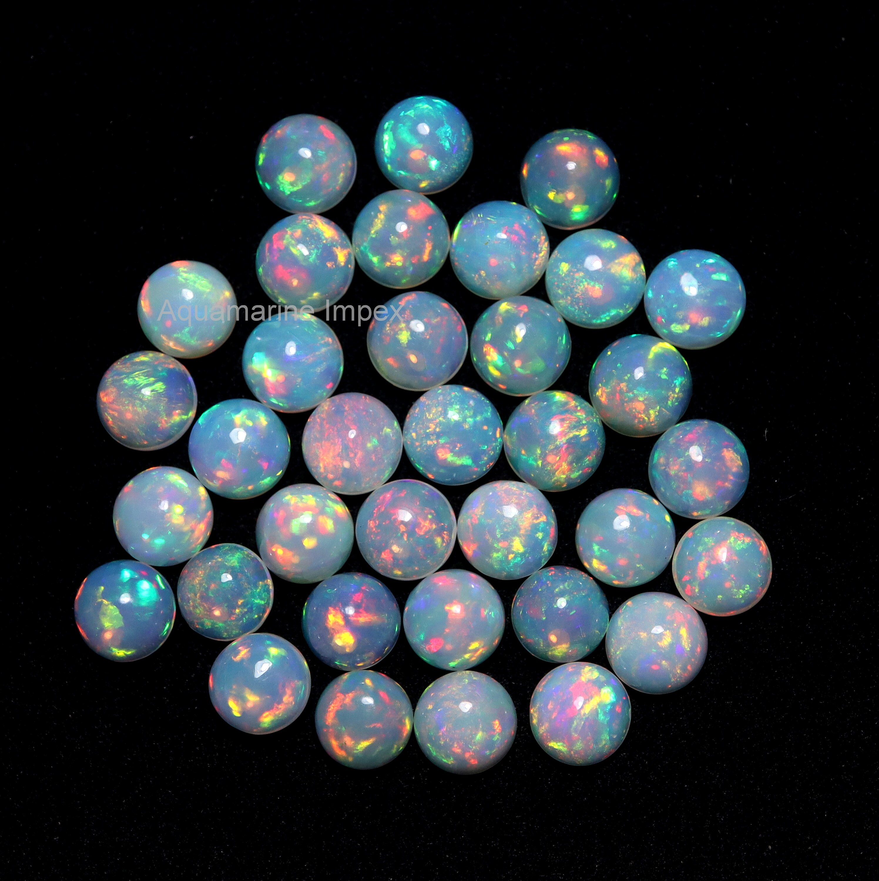 7 MM Round Natural AAAA Grade Flashy Rainbow Color Play White Ethiopian Opal Cabs Wholesale, Green Red Blue Yellow Fire Calibrated Opal Gems