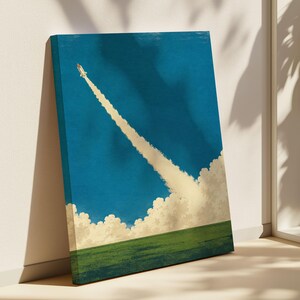 Pode incluir: Uma tela retangular apresentando um vaivém espacial a descolar para um céu azul profundo. Um rasto diagonal espesso de fumo branco estende-se do vaivém em direção ao horizonte, onde nuvens brancas e fofas se encontram sobre um campo verde.