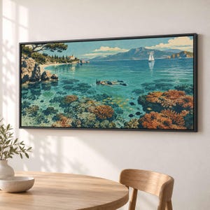 Snorkeler Above Coral Patchwork Canvas Print, Mid-Century Screenprint Style - 62WUDH