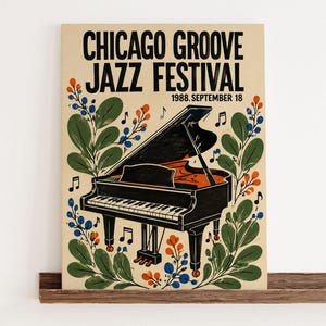 Könnte beinhalten: Ein rechteckiges Poster mit einem schwarzen Flügel in der Mitte, umgeben von grünen Blättern sowie orangefarbenen und blauen floralen Akzenten. Der Text lautet CHICAGO GROOVE JAZZ FESTIVAL 1988. SEPTEMBER 18. Musikalische Noten sind verteilt.