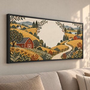Patchwork Fields and Barns Canvas Print, Decorative Folk Art Style - QZZXZE