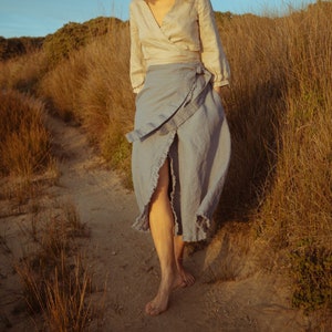 Wrap around skirt, Linen wrap skirt, mid-calf skirt, wrap skirt with side tie, casual high waist skirt, Sky women skirt