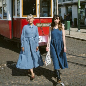 Women linen dress, long button up front dress, full skirt dress with pockets, long Bishop sleeves Larmina dress image 1