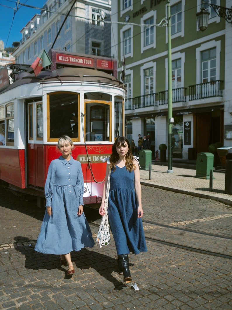 Women linen dress, long button up front dress, full skirt dress with pockets, long Bishop sleeves Larmina dress image 1