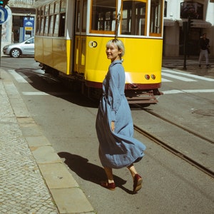 Women linen dress, long button up front dress, full skirt dress with pockets, long Bishop sleeves Larmina dress image 2