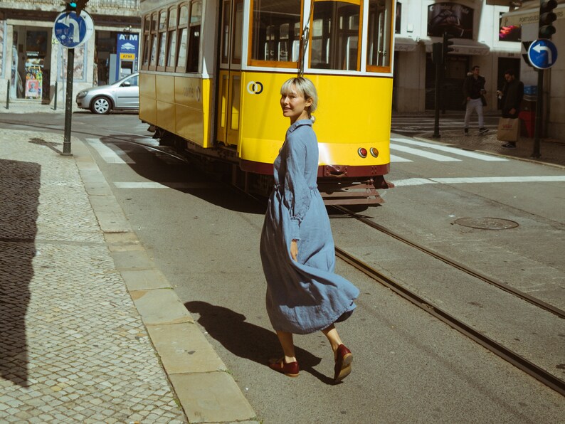 Women linen dress, long button up front dress, full skirt dress with pockets, long Bishop sleeves Larmina dress image 2